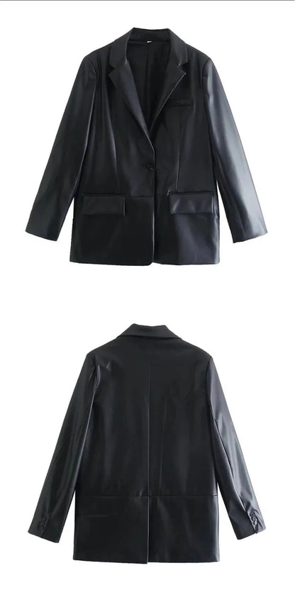 Winter 202 Women's Leather Look Suit Jaet Faionable Commute Sle Long Sve Single Button Closure Regular Length Coat