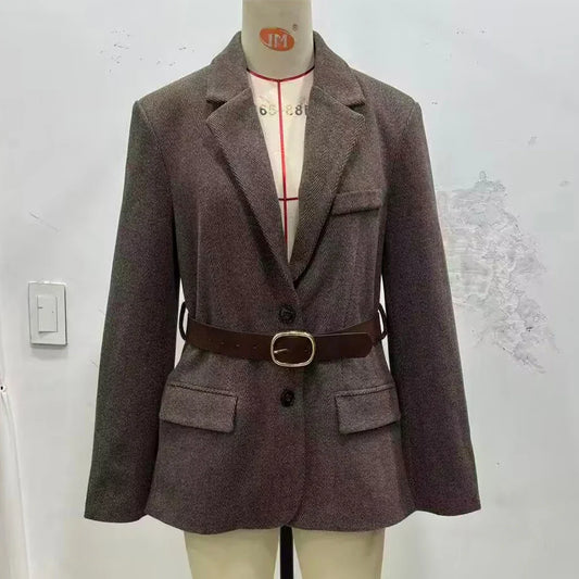 Stylish Herringbone Belted Blazers for Women Long Sleeve Blazer with Lapel Collar and Shoulder Pads Autumn Brown Suits with Belt