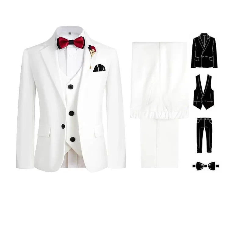 4Pieces/Set Jacket Vest Pants Bowtie Child White Piano Violin Dress Gentleman Kids Slim Prom Suit Boys Dance Performance Costume