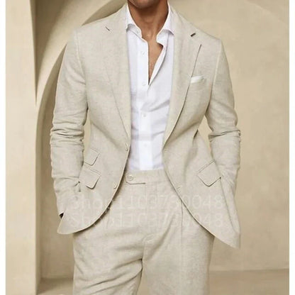 High Quality 2 Piece Blue/Beige Linen Men Suit Smart Casual Single Breasted Slim Fit Notch Lapel Blazer with Pants Costume Homme