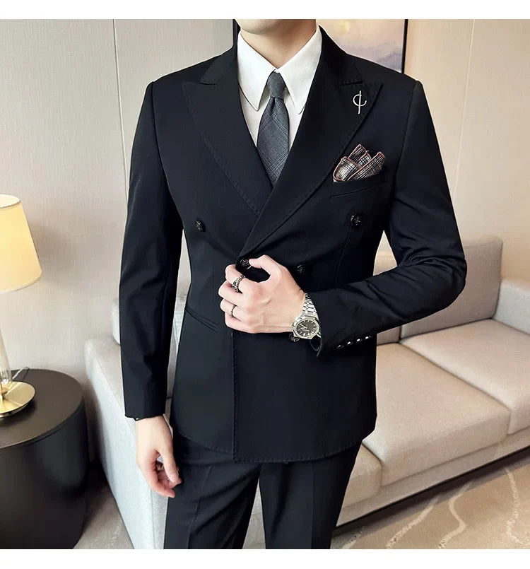 (Jackets +Pants ) Men's Suits 2 Piece High-Quality Double Breasted Lapel Solid Business Groom Wedding Tuxedo Banquet Clothing