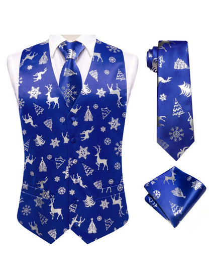Men's Christmas Print Vest 3-Piece Set with Tie and Pocket Square for Holiday Parties