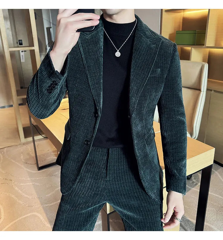( Jacket+Pants) Men Corduroy Suit Two-Piece Set High Quality Italian Style Business Suit Luxury Men Formal Wedding Groom Tuxedos