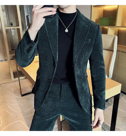 ( Jacket+Pants) Men Corduroy Suit Two-Piece Set High Quality Italian Style Business Suit Luxury Men Formal Wedding Groom Tuxedos