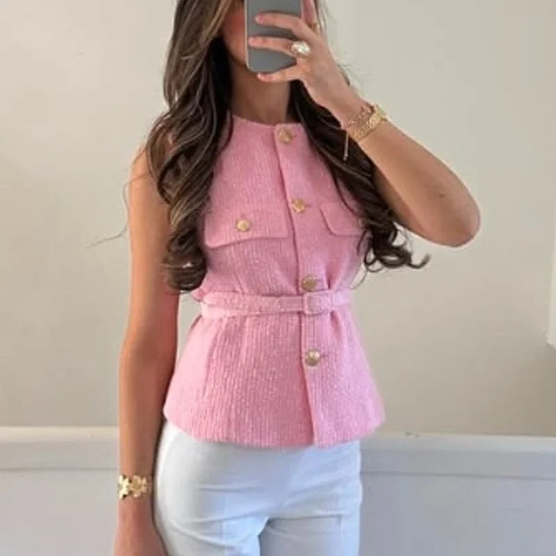 2025 Women's Vest Jackets Cropped Sleeveless Vest Woman Outerwears Belt Summer Casual Coats Black Pink Vest Button Jacket