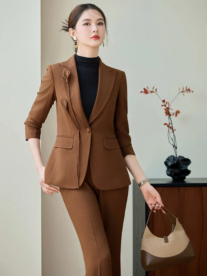 High End Khaki Elegant Fashion Two Piece Set Fashion Women Slim Single Button Blazer And Flare Pant Office Lady Work Wear