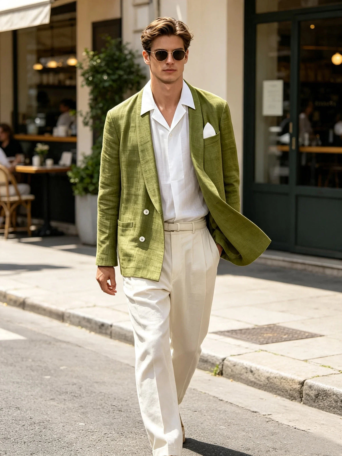 Summer Cotton Linen Blend Men Blazer Double Breasted Casual Suit Jacket Lightweight Soft Elegant Dress Coat For Prom Work Party