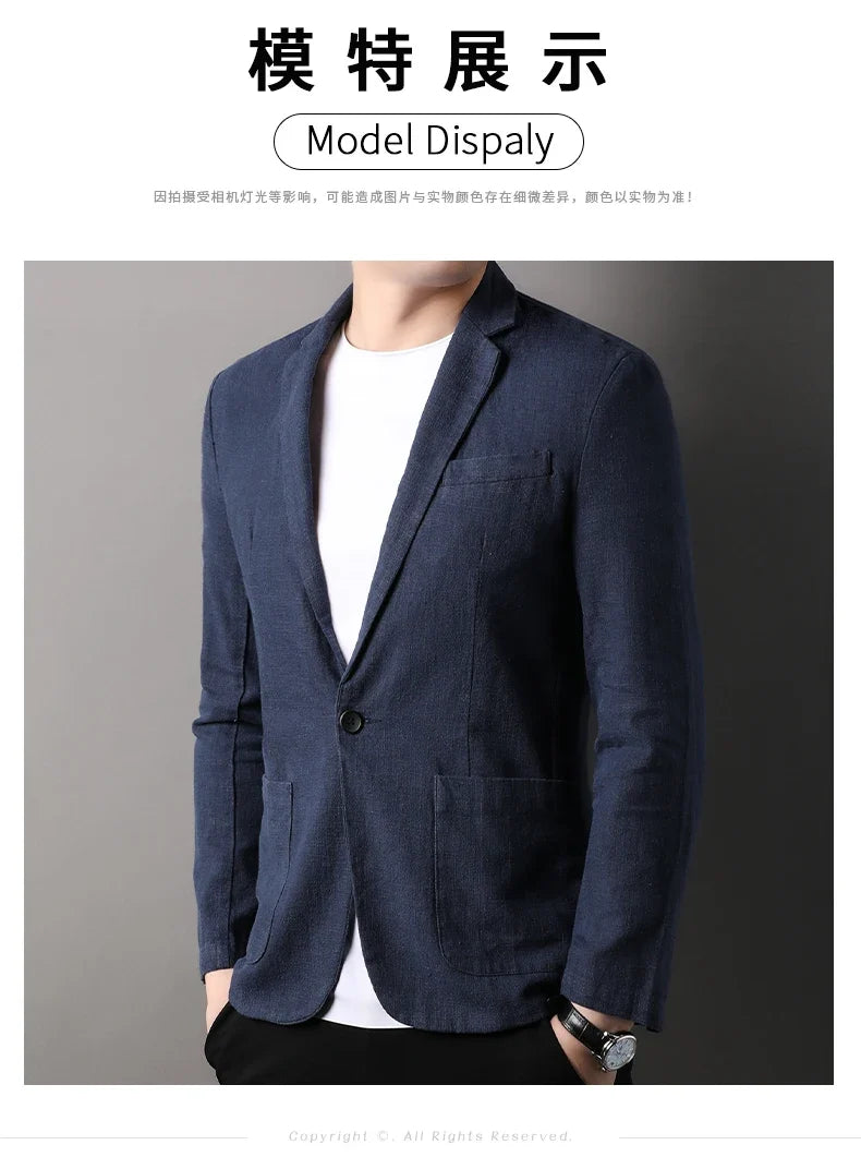 Spring and Summer New High Quality Men's Linen Suit Fashion Handsome Slim-fit All-in-one Trend Men's Coat 70% Ramie 30% Cotton