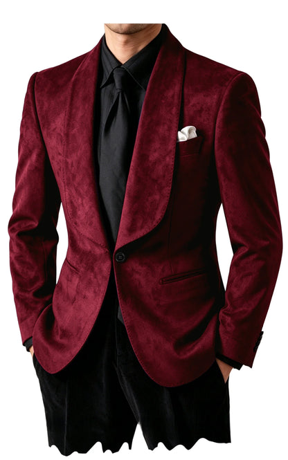 Luxury Men's Faux Suede Blazer Shawl Lapel 1 Button Slim Fit Tuxedo Jacket Business Casual For Wedding Party Prom Suit Coat