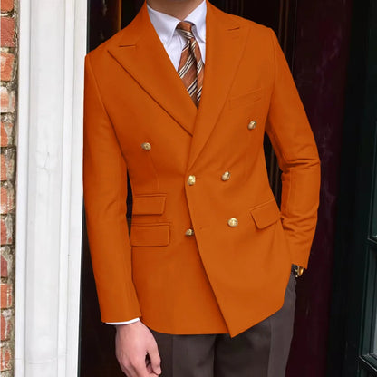 Men's Brown Serge Blazer Double Breasted Peak Lapel Gold Button Slim Fit British Style Fashion Suit Jacket Formal Business Casua