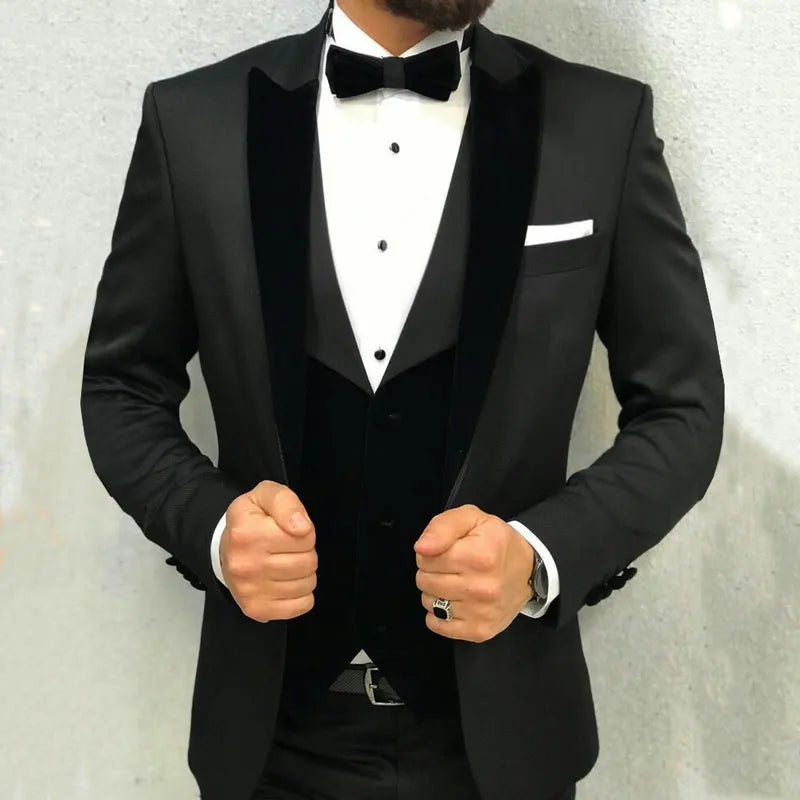 Navy Blue Black Lapel Suits For Men Custom Made Terno Slim Fit Groom 3 Piece Wedding Mens Suit Masculino Jacket+Pant+Vest