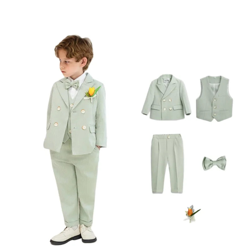 Kids 5Pieces Pure Pink Suit Set With Jacket Vest Pants Bowtie Brooch Boys Wedding Birthday Party Piano Performance Costume