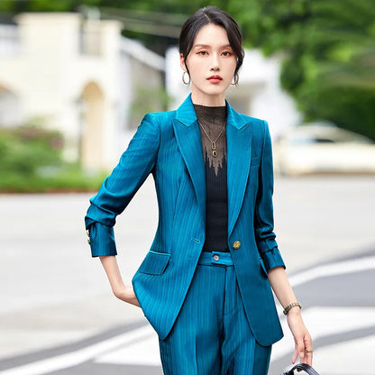 Professional Women's Suit2024New Autumn Green Striped Acetate Suit Workwear Elegant High-end Workplace Formal Wear