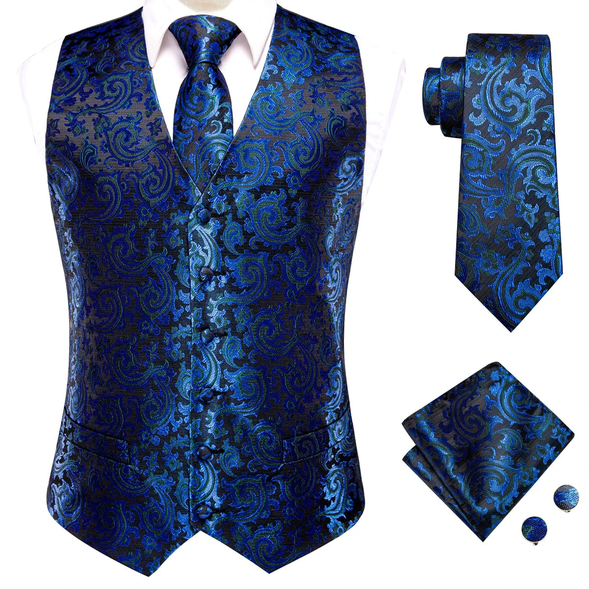 Men's Floral Paisley Suit Vest 4-Piece Set – Woven Waistcoat with Tie, Pocket Square & Cufflinks for Weddings & Formal Occasions