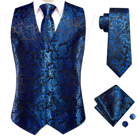 Men's 4-Piece Silk Floral Vest Set – Single Breasted Wedding Waistcoat with Tie, Pocket Square & Cufflinks