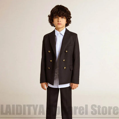 Boys Formal Suit 2 Piece Double Breasted Children Daily Casual Outfit Blazer Trousers Gold Buttons Banquet Party Costume