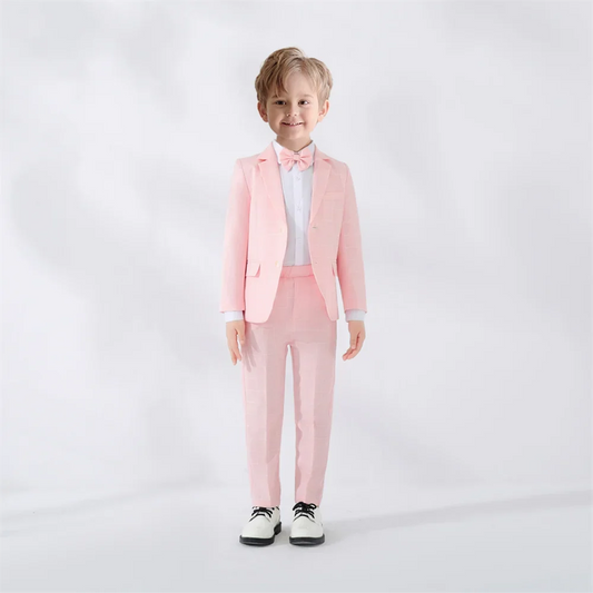 Popular Boys Suits 3 Pieces Blazer Pants Bow-tie  Wedding sets Cute Pink Kids Suit Set For School Performance Activities