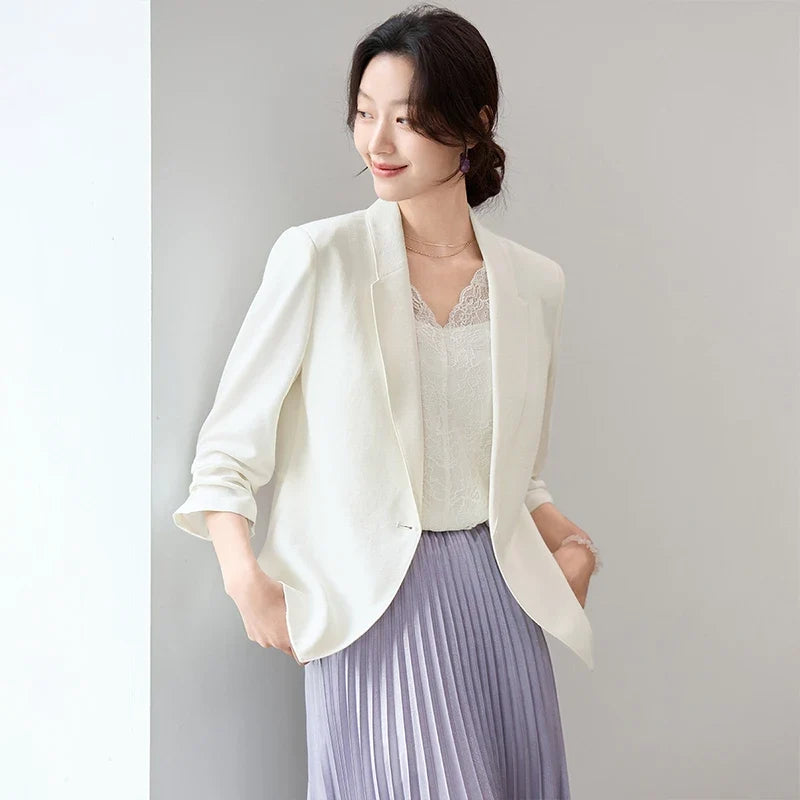 Blazer For Women's Commuter Flat Collar, One Button-down Shoulder Pads, Seven-quarter Sleeves Short Jacket 152XC1936