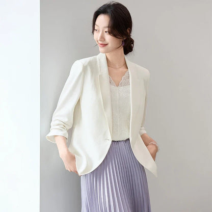 Blazer For Women's Commuter Flat Collar, One Button-down Shoulder Pads, Seven-quarter Sleeves Short Jacket 152XC1936