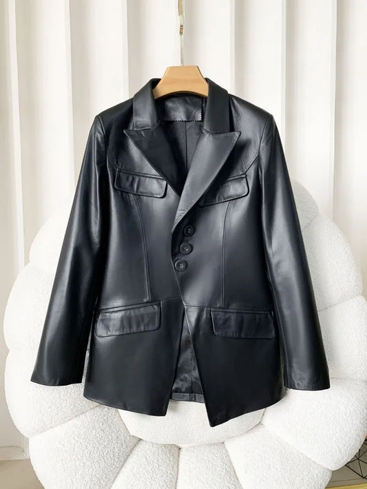 High Quality Women Single Breasted Genuine Leather Suit Jacket Fashion Office Lady Lapel Collar Slim Fit Sheepskin Blazers