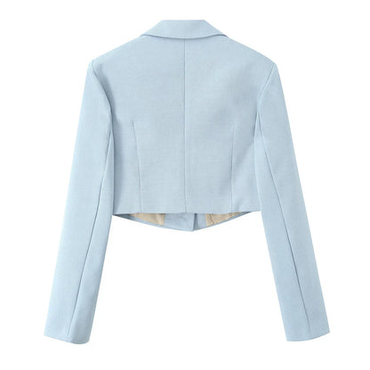 Spring Commuter Style Short Blue Suit Jacket Women's Fashionable Versatile Single Button Flip Collar Top Thin Long Sleeve