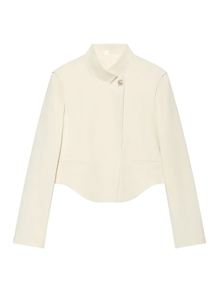 Women's Minimalist Cropped Blazer Stand Collar Suit Jacket Elegant Office Business Casual Long Sleeve Short Coat