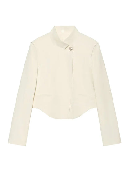 Women's Minimalist Cropped Blazer Stand Collar Suit Jacket Elegant Office Business Casual Long Sleeve Short Coat