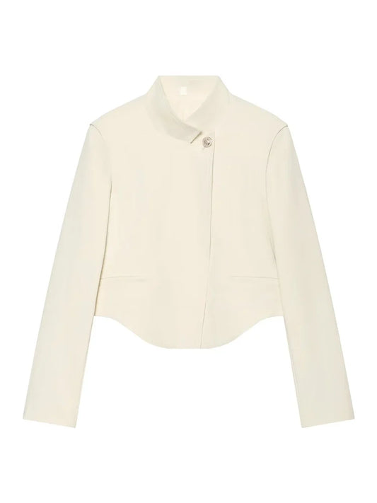 Women's Minimalist Cropped Blazer Stand Collar Suit Jacket Elegant Office Business Casual Long Sleeve Short Coat