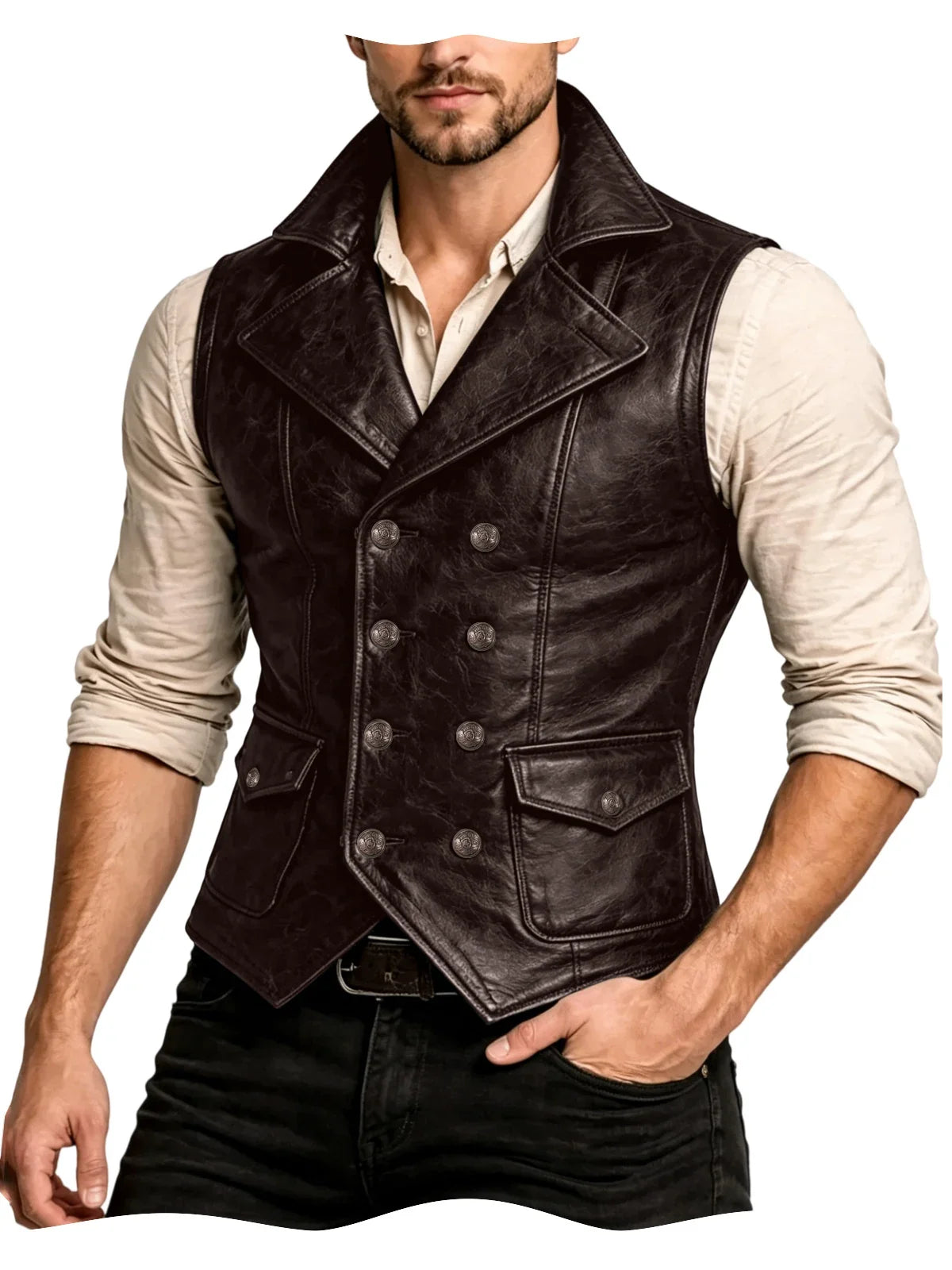Men's Faux Leather Waistcoat Vintage Double Breasted Slim Fit Vest for Casual & Streetwear