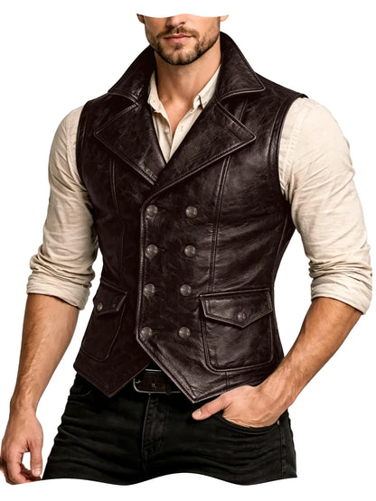 Men's Faux Leather Waistcoat Vintage Double Breasted Slim Fit Vest for Casual & Streetwear