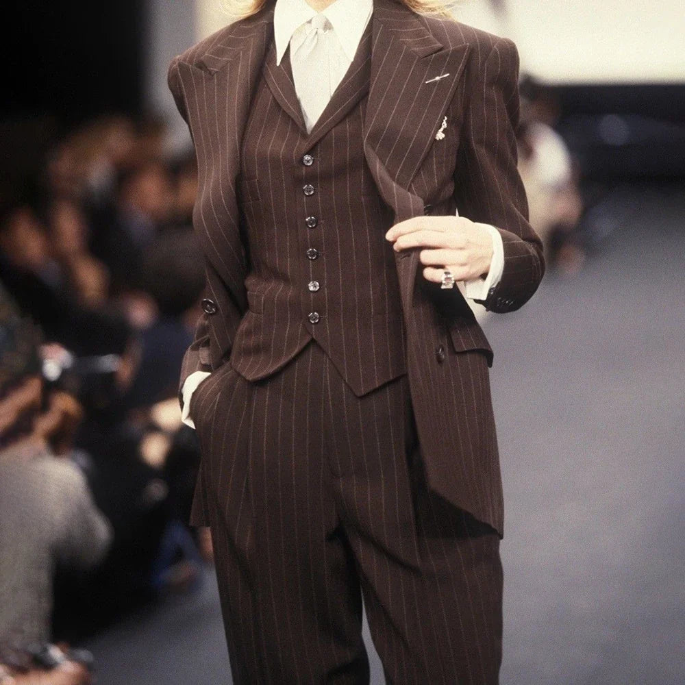 Trending 2025 Brown Striped Women Suit Formal Double-breasted Peaked Lapel 3Pieces (Jacket+Pants+Vest) Business Office Lady Set