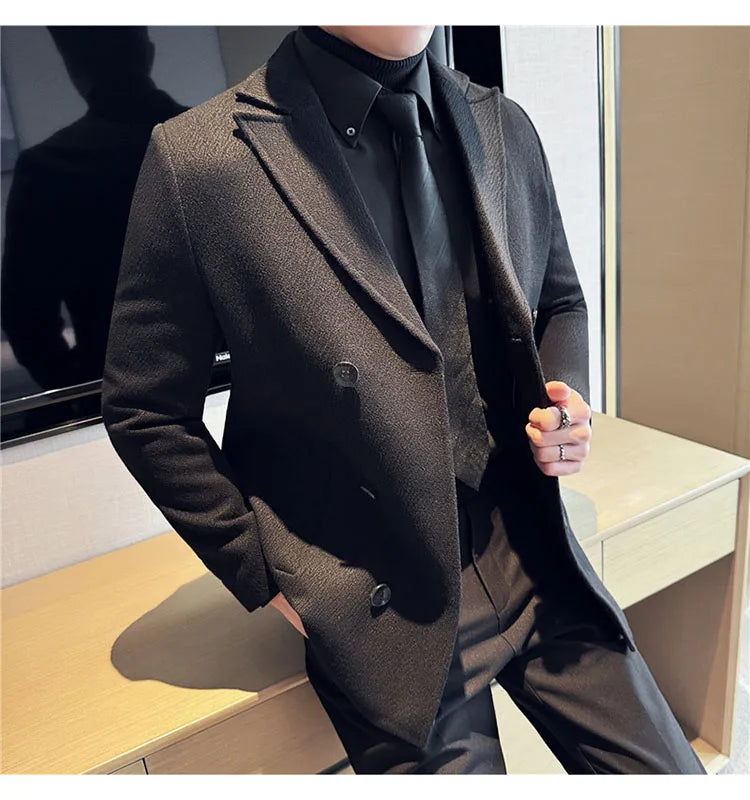 British Style Winter Double Breasted Woolen Suit Jackets Men Thick Warm Wedding Business Blazers Solid Color Casual Dress Coat