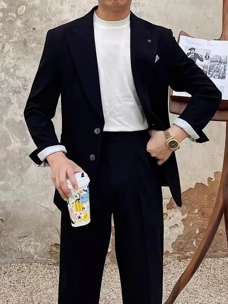 Fashion Mens New Breathable Spring Summer Blazer Pants Two Piece Set Slim Fit Business Casual Work Suit Wedding Party Dress Suit