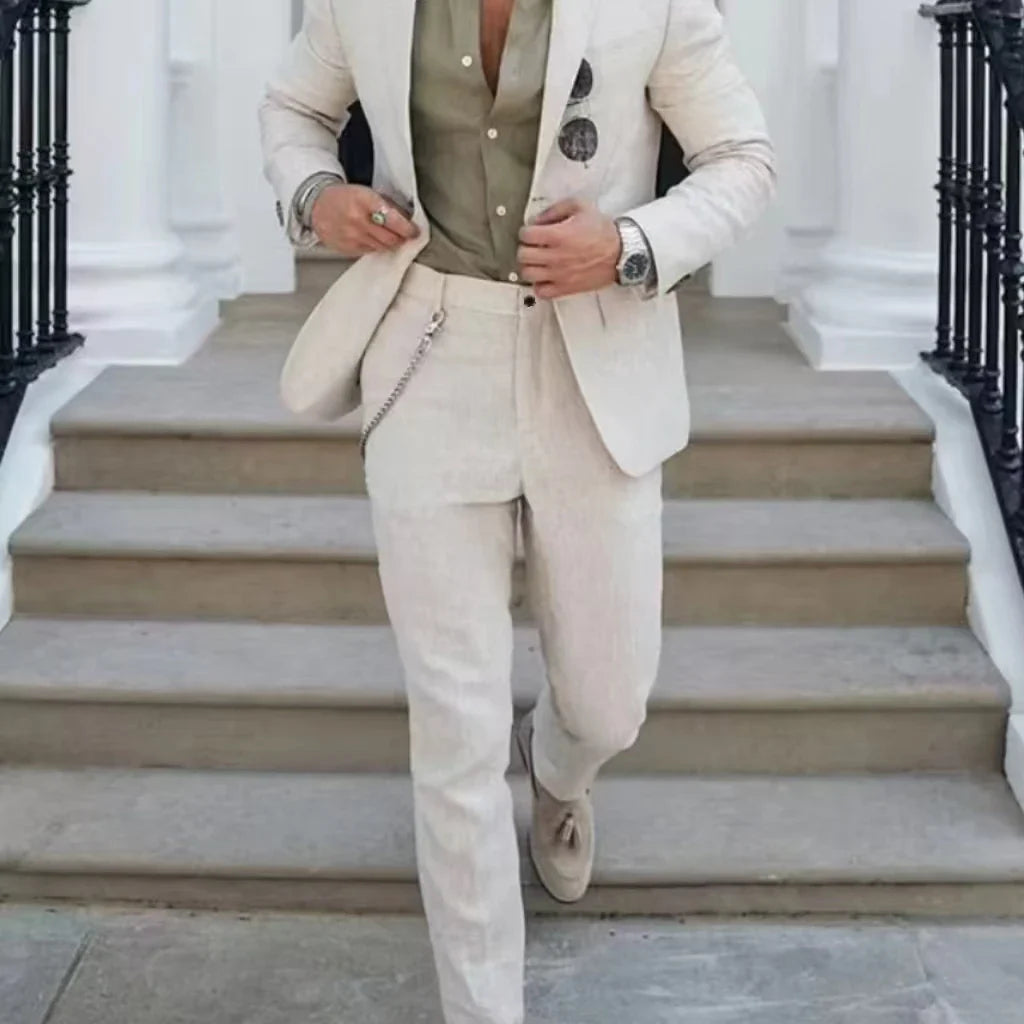 Costume en Lin Homme Robes de Soirée Élégantes Revers Cranté un Bouton Blazer Ajusté Fête de Mariage Plage d'Été Banquet