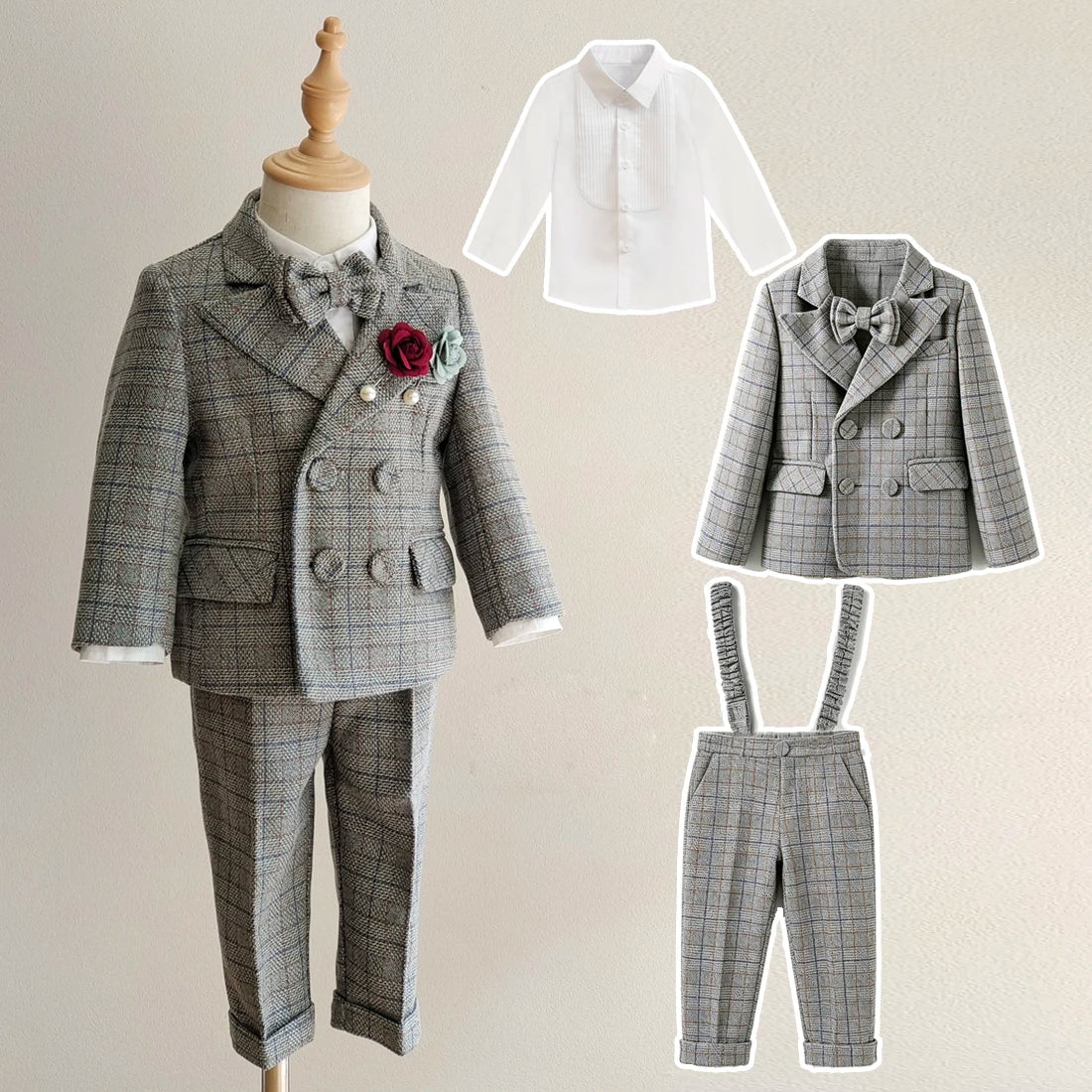 Kids Boys Gentleman Plaid Suit Outfit Jacket Pants Suspenders Bow Tie Formal Wedding Party Photograph Costume for Baby Boy Cloth