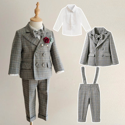 Kids Boys Gentleman Plaid Suit Outfit Jacket Pants Suspenders Bow Tie Formal Wedding Party Photograph Costume for Baby Boy Cloth