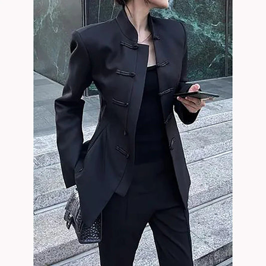 Black Women Suits Customized Single-breasted for A Classic Chinese Suit Two Pieces(Jacket+Pants) Daily Office Lady Set