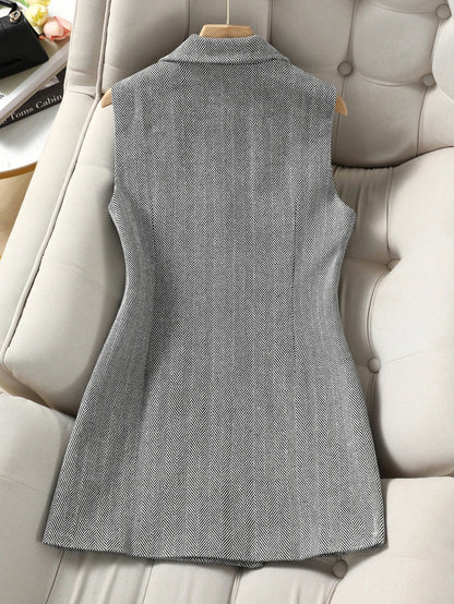 Vintage Women's Herringbone Double-Breasted Blazer Vest, Sleeveless Notched Lapel Long Waistcoat, Elegant Office Work Suit Vest
