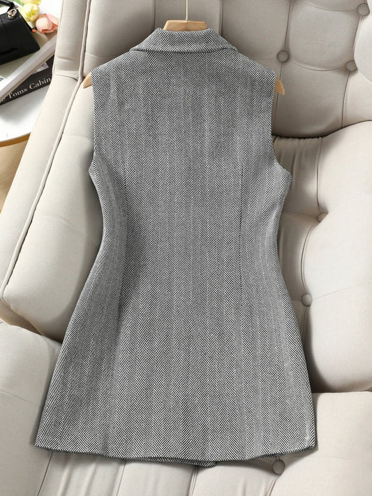 Vintage Women's Herringbone Double-Breasted Blazer Vest, Sleeveless Notched Lapel Long Waistcoat, Elegant Office Work Suit Vest