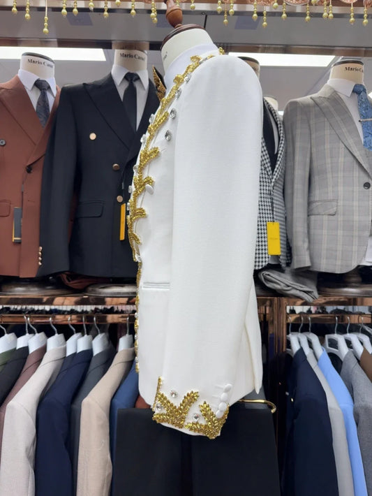 Men's Golden Crystals Suits 2 Pieces Wedding Groom Sets,Slim Fit Shawl Lapel Tuxedo Banquet Party Outfit S-3XL Elegant Suit Set