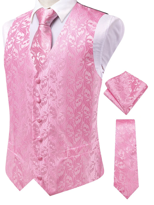Men's Vest Set Pink Double Breasted Waistcoat with Tie and Pocket Square for Wedding and Formal Occasions
