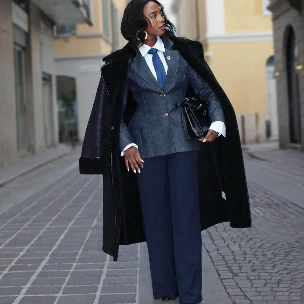 Chic Women Denim Textured 2‑Piece Suit Set Fitted Blazer Wide Leg Pants Formal Business Office Streetwear Matching Outfit