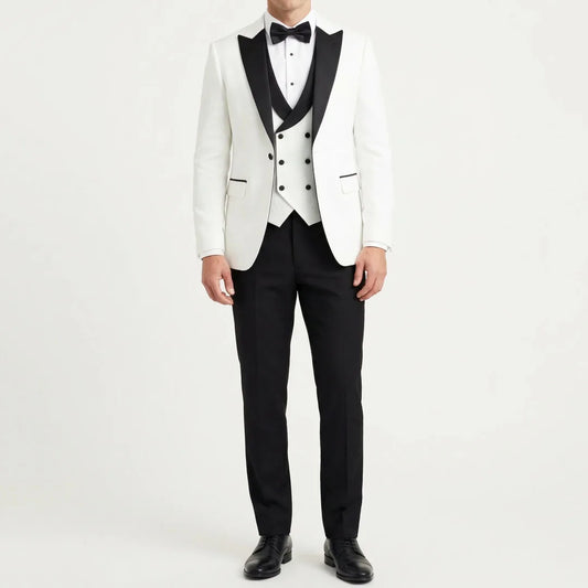 Men Suit 3 Pieces White Black With Lapel For Wedding Banquet Birthday Party Prom Business Official Work Set Jacket Vest Pants