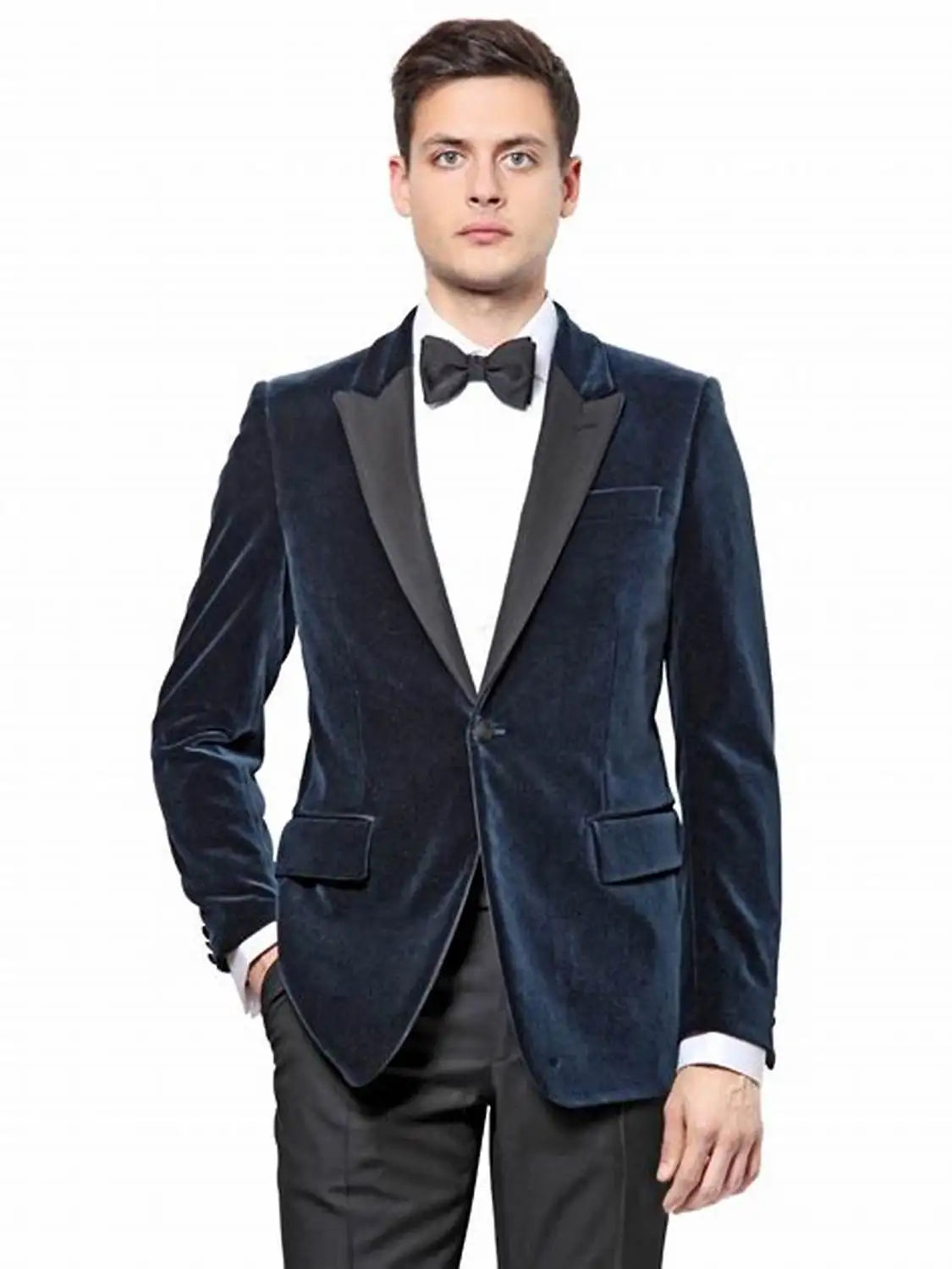 Latest Navy Blue Velvet Male Suits for Wedding 2 Piece Slim Fit Peak Lapel Groom Tuxedos Costume Homme Mariage (Blazer+Pants)