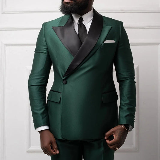 Men Suit Dark Green 2 Pieces With Black Bright Lapel For Wedding Birthday Banquet Party Business Work Office Set Jacket Pants