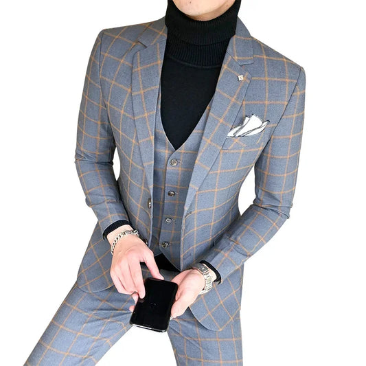 Men's Slim Fit Plaid Suit Set for Weddings, Business & Smart Casual Wear – Gray, Red & Blue