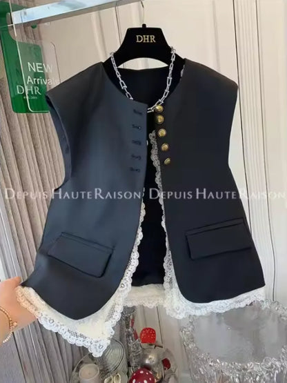 Fashion Loose Lace Patchwork Fake Two-piece Suit Vest Jacket Women's Korean  Spring  Autumn Sleeveless Top