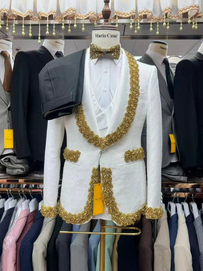 Man Golden Crystal Jacquard Suits 3 Pieces Party Prom Wear Handsome Elegant Shawl Lapel Tuxedo Wedding Groom Sets Chic Suit Set