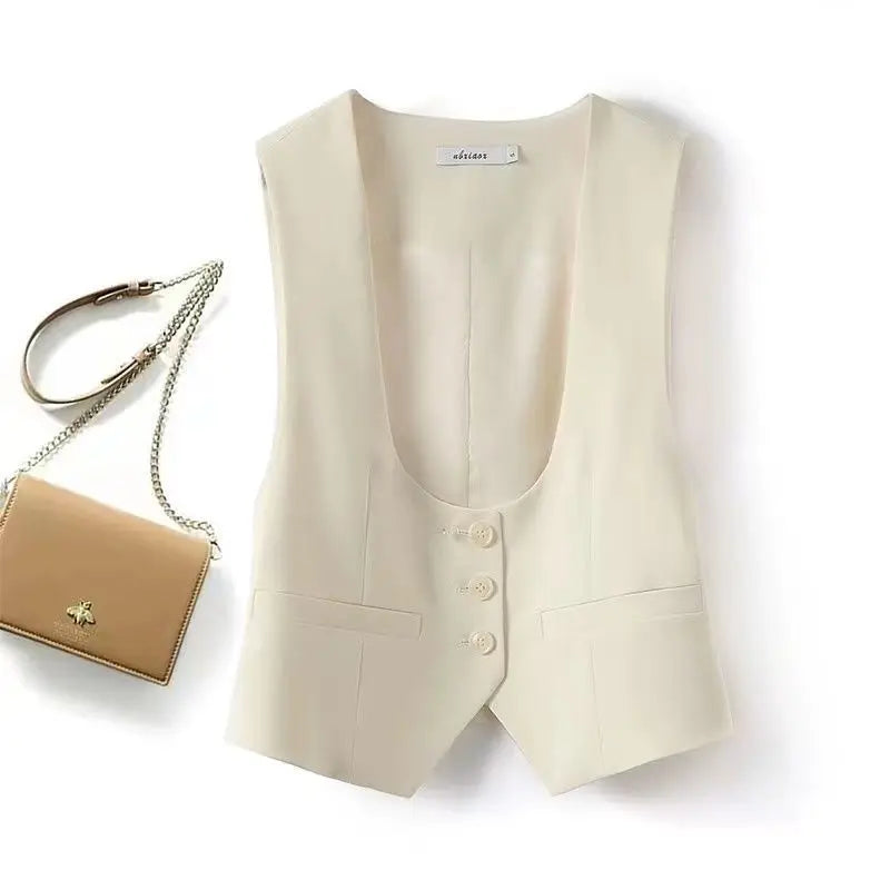 Unisex Beige Sleeveless Vest V-Neck Buttoned Waistcoat for Formal Casual Wear