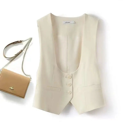 Unisex Beige Sleeveless Vest V-Neck Buttoned Waistcoat for Formal Casual Wear